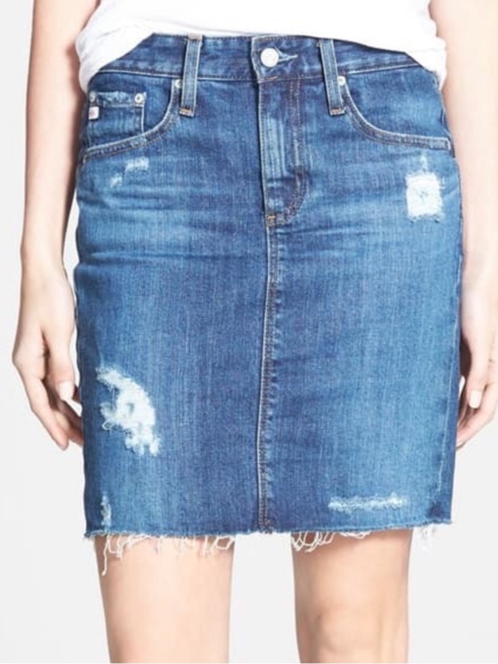 NWOT Ag Adriano Goldschmied “The Erin” Distressed Pencil Blue Denim Mini Skirt